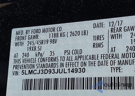 2018 Lincoln Mkc Reserve from USA, damaged, VIN 5LMCJ3D93JUL14930